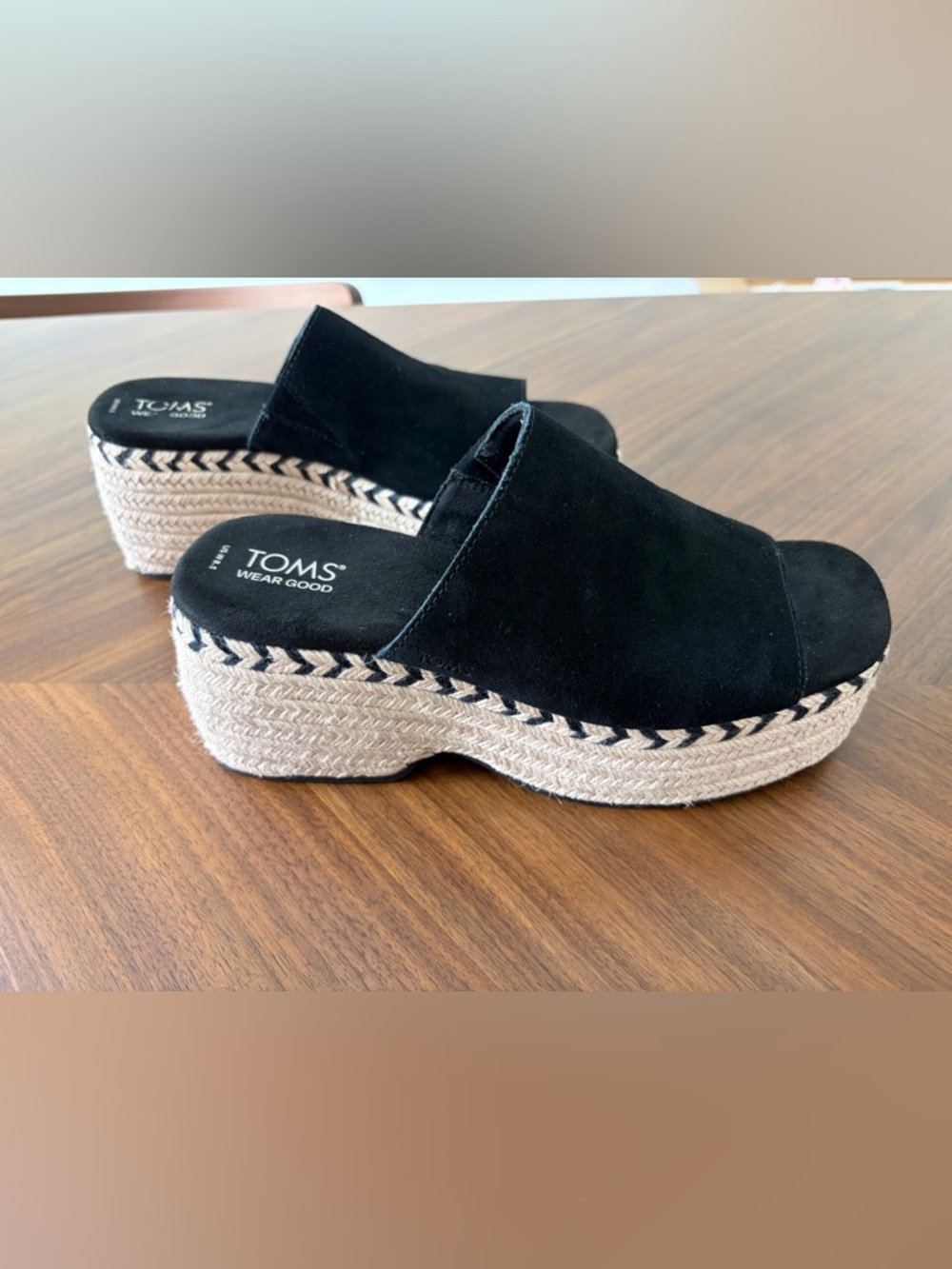 TOMS Black Suede Espadrille Platform Mule Sandals Womens US 8.5 Chunky Slides